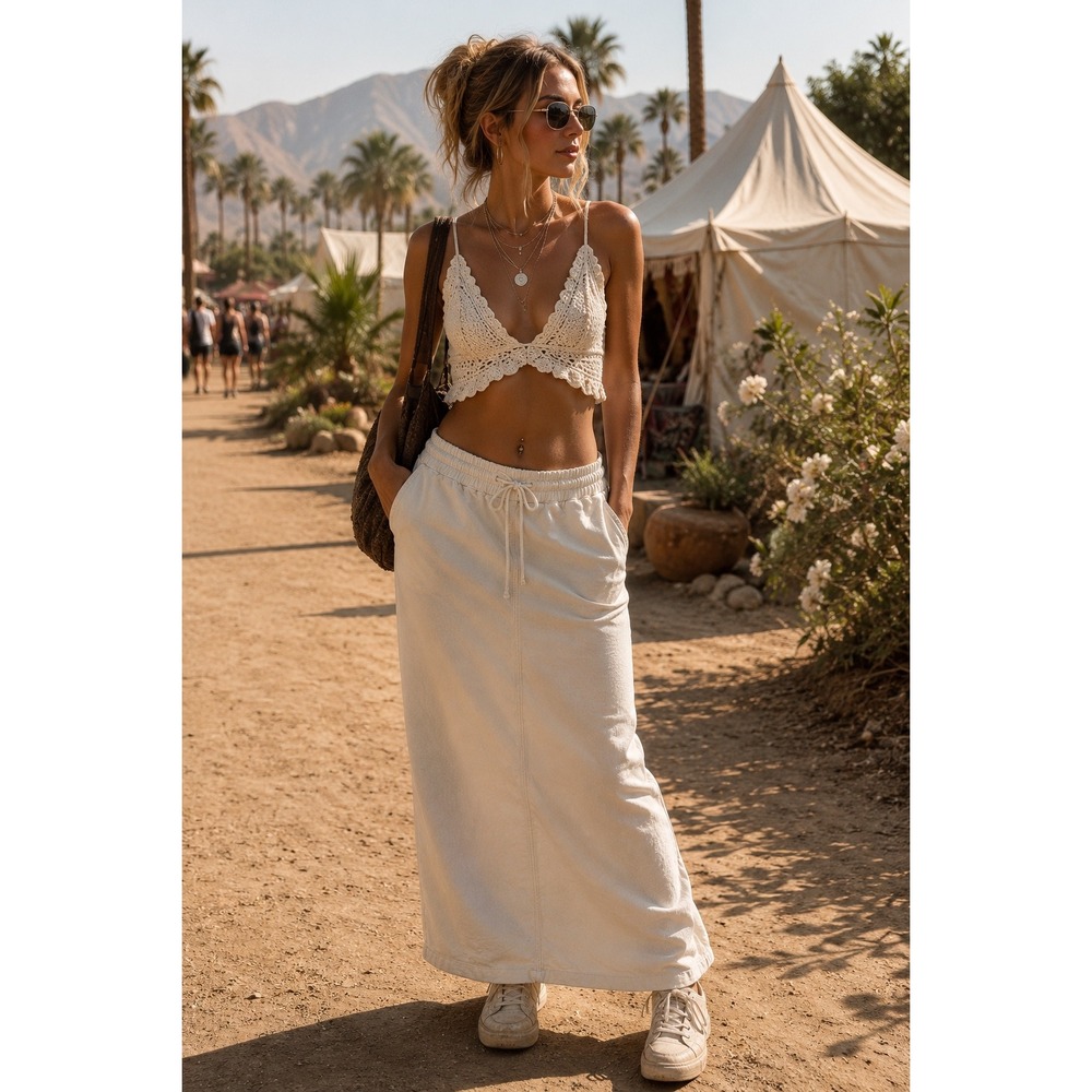John Galt‎ California Cream Linen Blend Maxi Skirt Drawstring Waist White MH636